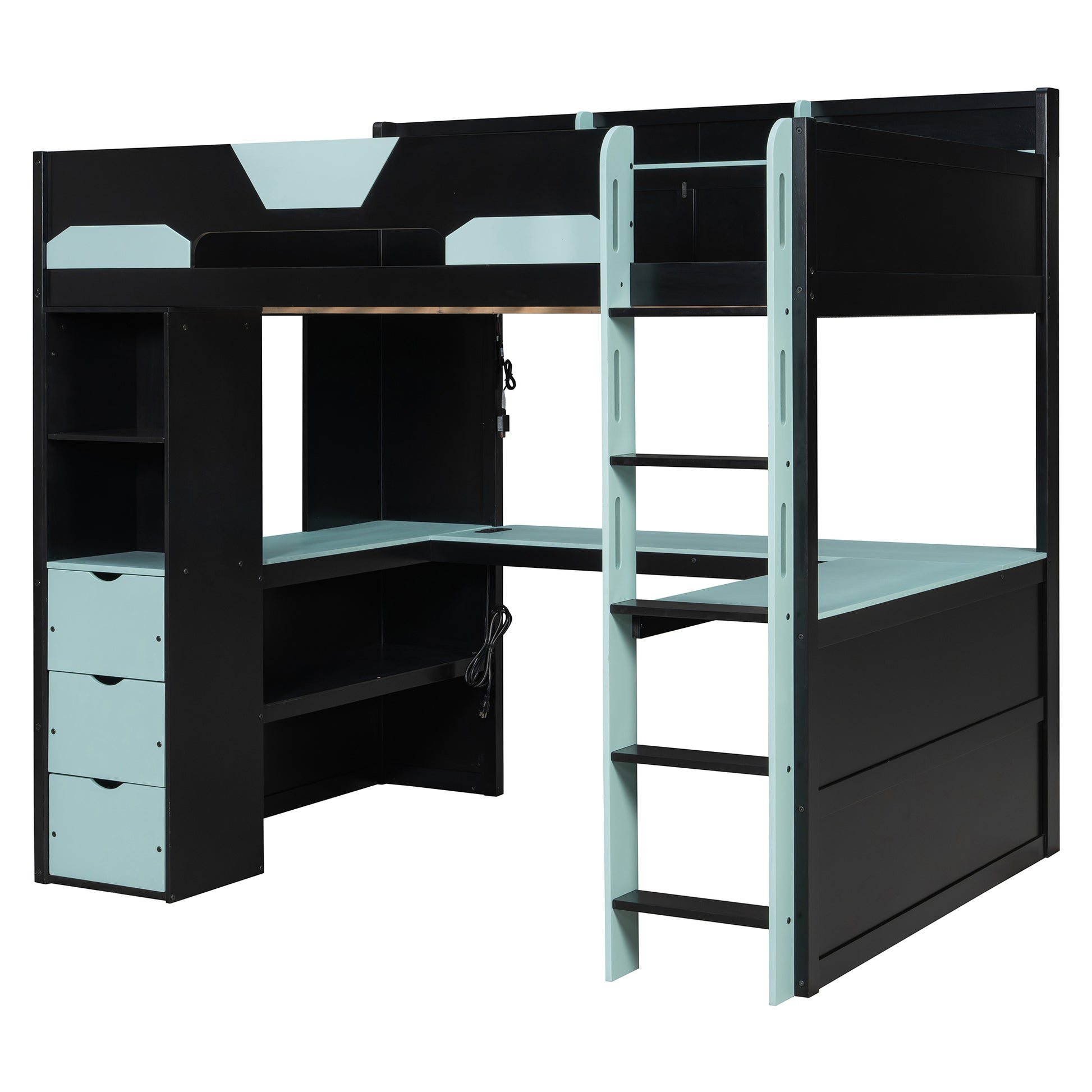 Full Size Wooden Gaming Loft Bed with U-Shaped Desk, Smart RGB LED Lights and USB Ports, Multi-Functional High Sleeper with 3 Drawers and Storage Shelves for Teens Adults, Black+Blue image 5