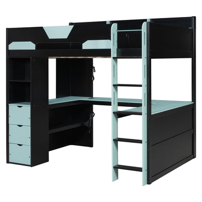 Full Size Wooden Gaming Loft Bed with U-Shaped Desk, Smart RGB LED Lights and USB Ports, Multi-Functional High Sleeper with 3 Drawers and Storage Shelves for Teens Adults, Black+Blue image 5