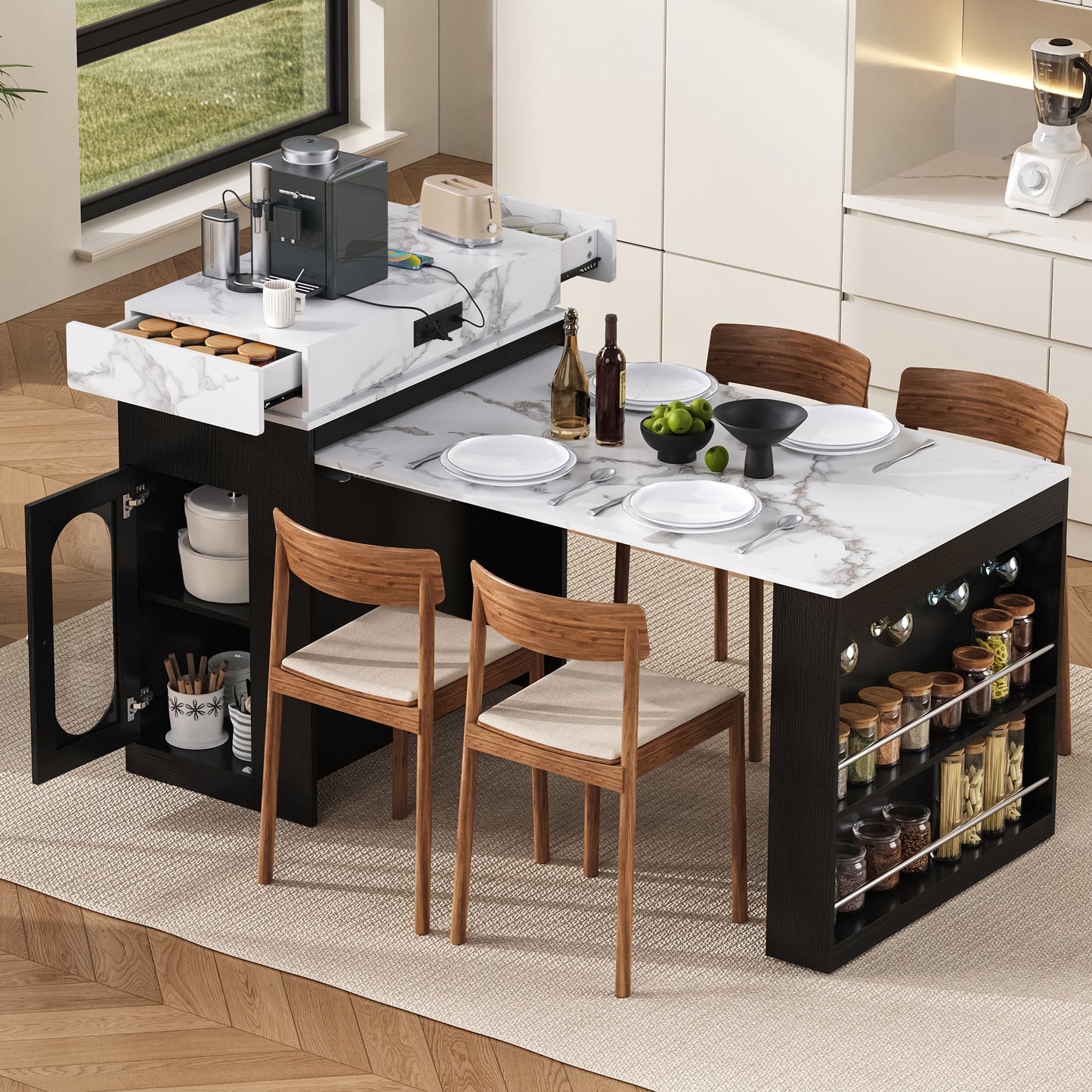 [VIDEO] TREXM Extendable Dining Table with Folding Tabletop, Bar Table with Drawers and Power Outlet, Kitchen Island with Wheels and Hooks, Sideboard for Kitchen and Dining Room (Black+Marble White) image 1