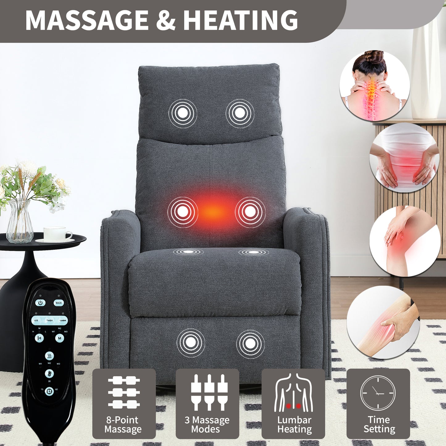 Heat Massage Manual Recliner Chair with Rocker and Swivel in Fabric for Living Room, Grey image 8