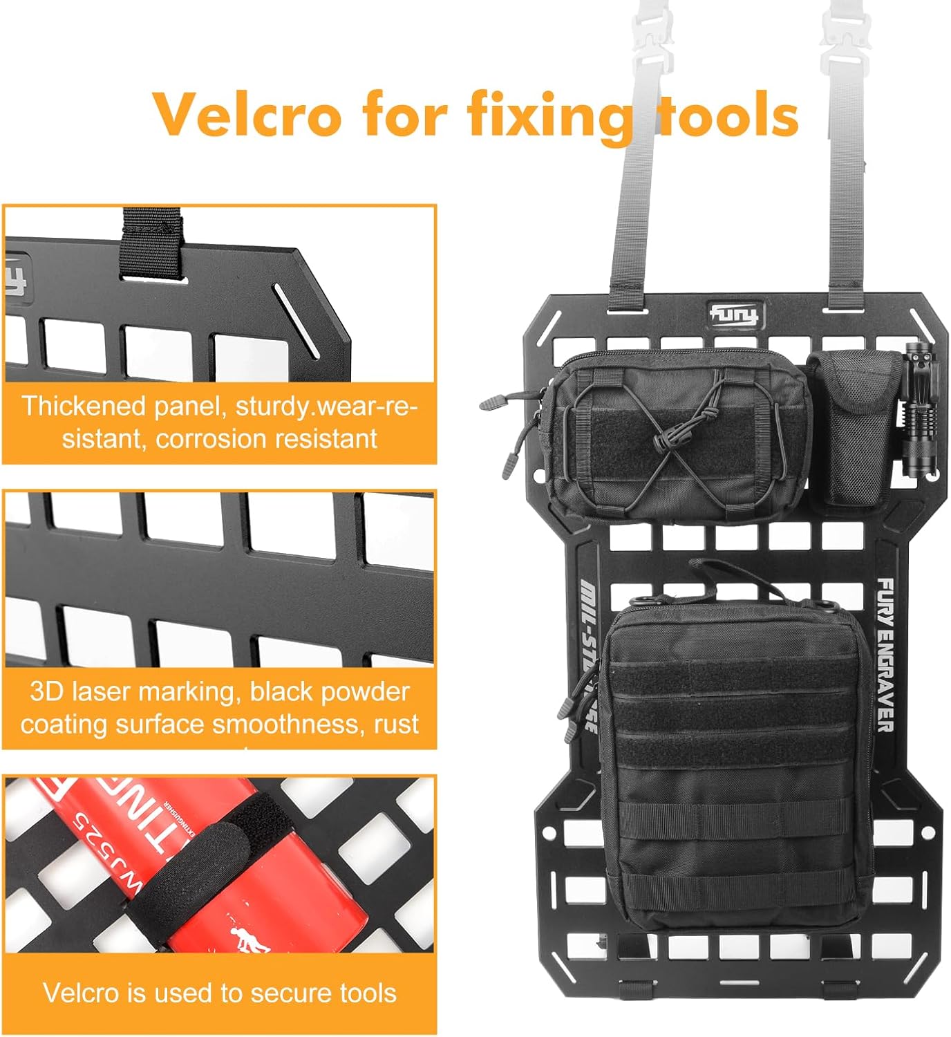 17515 Rigid Molle Panels For Vehicles Truck Mount Rack Panel Tactical Seat Back Organizer with 2 Organizer Storage Bag, 1 Multi-tool Pliers, 1 Flashlight and 5 Fastening Tape image 5