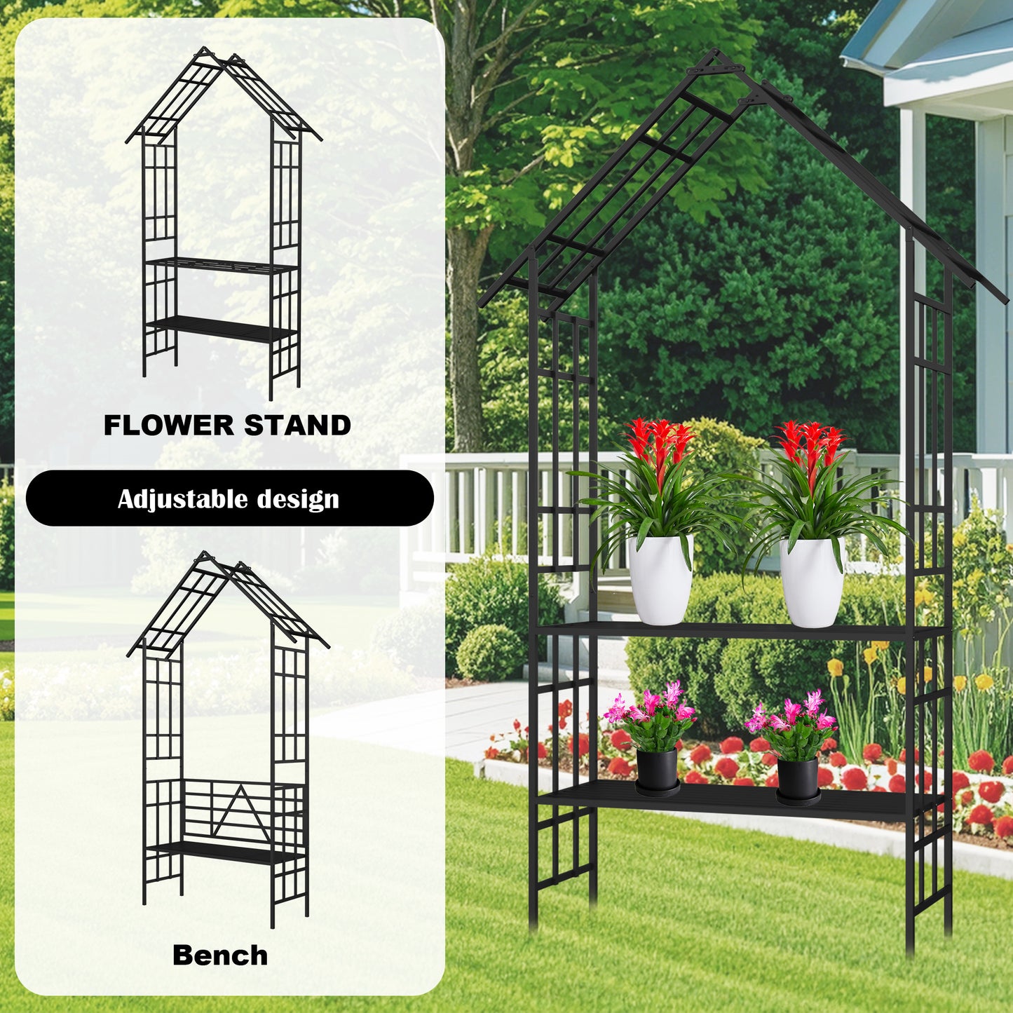 Metal Garden Arch with Bench Turned into Flower Stand W58.07*H97.24 Climbing Plants Support Rose Arch Outdoor Black image 2
