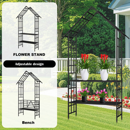 Metal Garden Arch with Bench Turned into Flower Stand W58.07*H97.24 Climbing Plants Support Rose Arch Outdoor Black image 2
