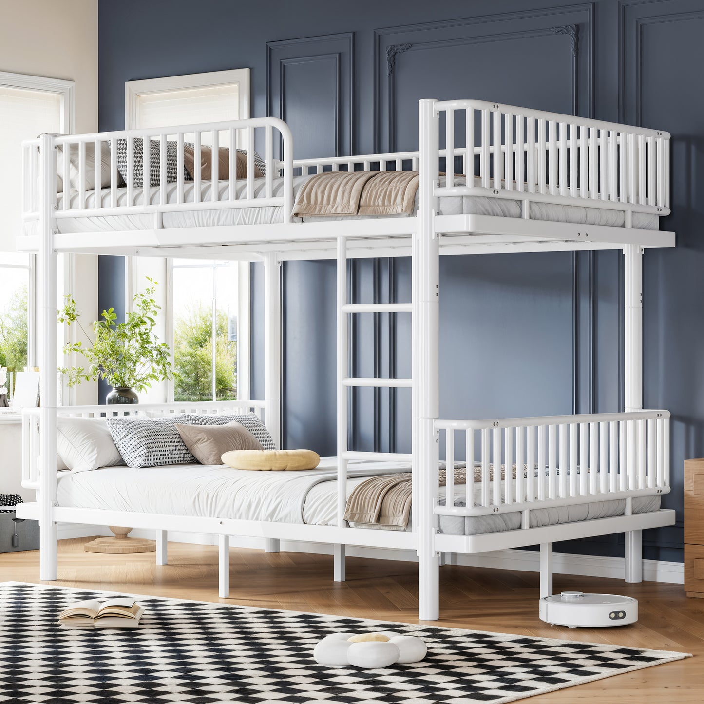 Queen over Queen Bunk Bed with Ladders & Guardrails, Metal Bunk Bed Frame with Upgraded Safety Round-Pipe Design, Can Transformed into 2 Platform Bed, White image 1