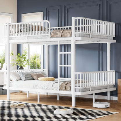Queen over Queen Bunk Bed with Ladders & Guardrails, Metal Bunk Bed Frame with Upgraded Safety Round-Pipe Design, Can Transformed into 2 Platform Bed, White image 1