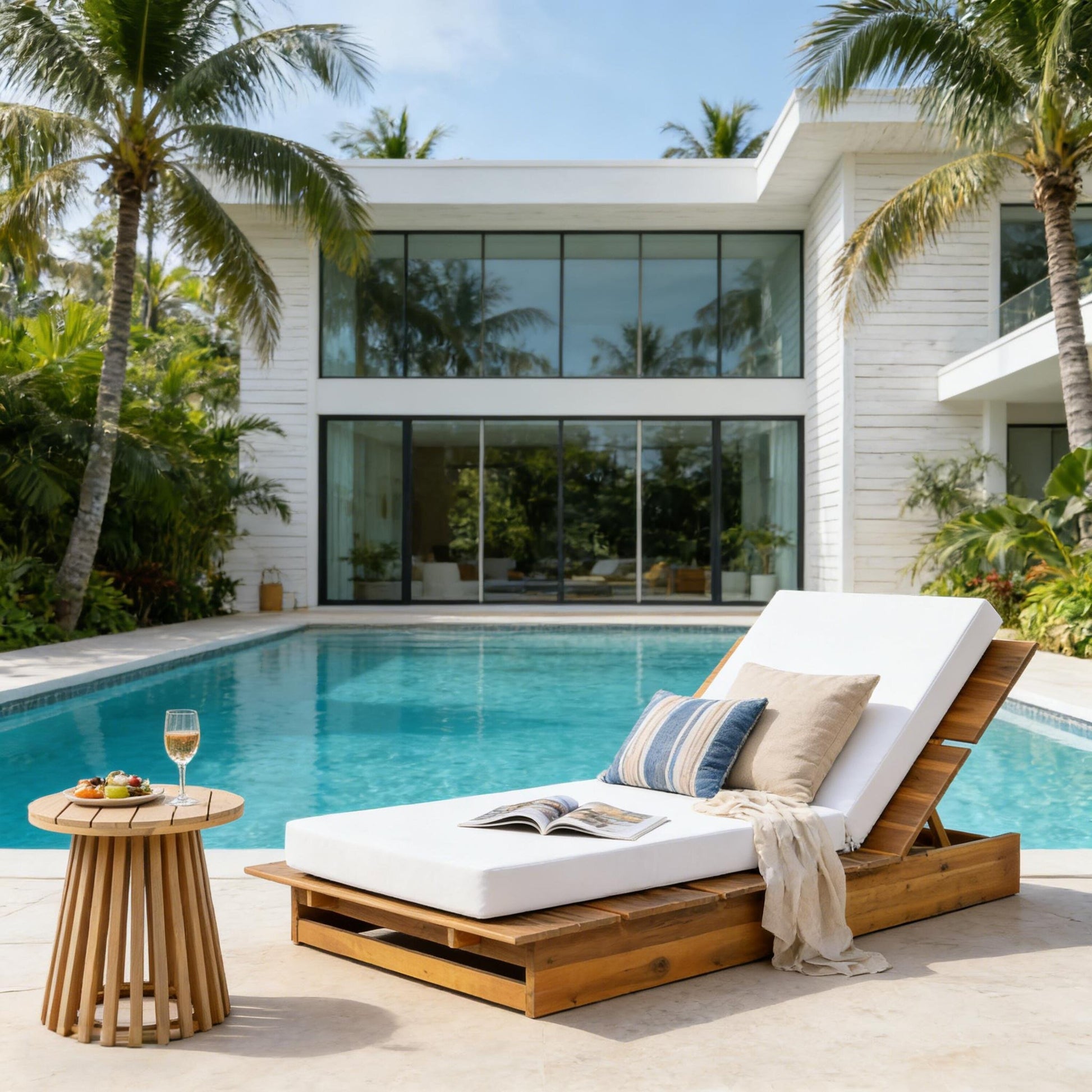 Acacia Wood Chaise Lounge with Movable Cream Cushion – Wide Teak Finish Patio Lounger, 3-Position Recliner, 400 lbs Capacity image 1