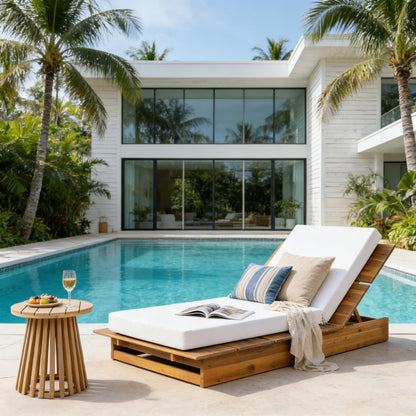 Acacia Wood Chaise Lounge with Movable Cream Cushion – Wide Teak Finish Patio Lounger, 3-Position Recliner, 400 lbs Capacity image 1