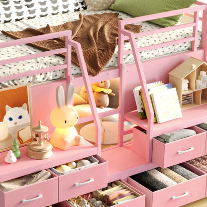 Twin Low Loft Bed with Multi-Storage Spaces, Including Fabric Drawers, Fabric Shelves Beside the Bed, Storage Stairs, Metal Loft Bed with Lights and Ample Under-bed Spaces, Pink image 11