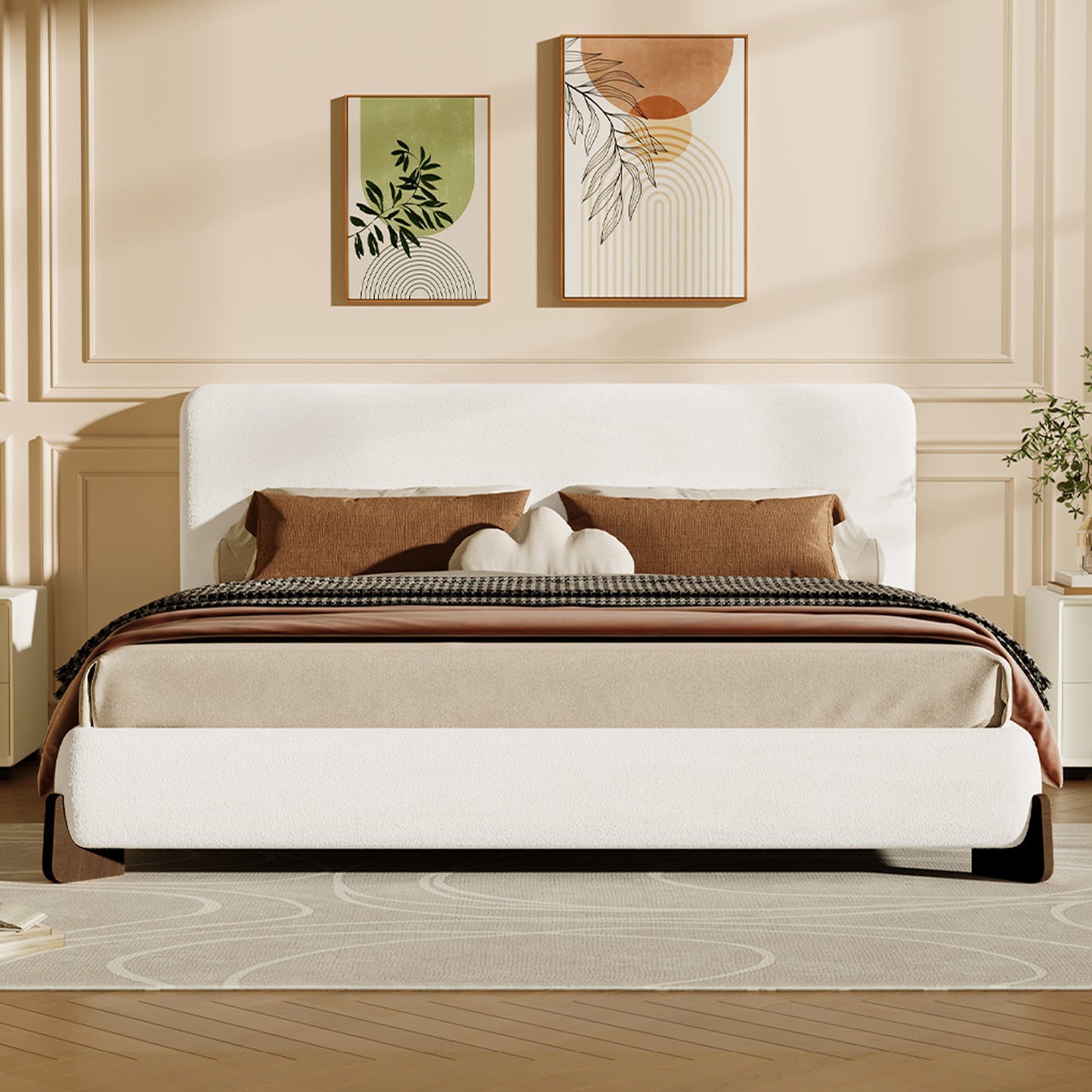 Elegant terry upholstered bed with dark brown solid wood legs, luxurious and comfortable bedroom centerpiece, king size, white image 1