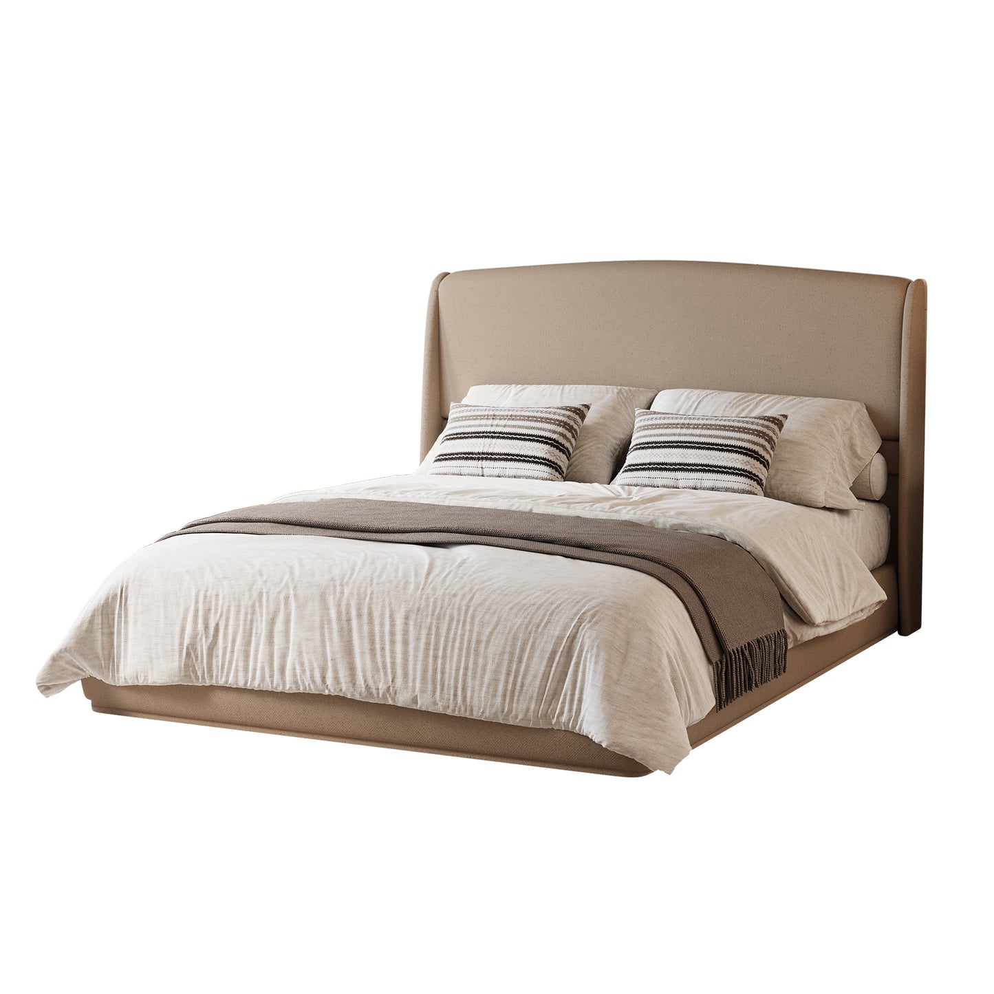Upholstered Queen Bed Frame with Wingback Headboard, Low Profile Platform Bed with Padded Headboard, No Box Spring Needed, Easy Assembly, Elegant Linen Fabric, Brown image 6