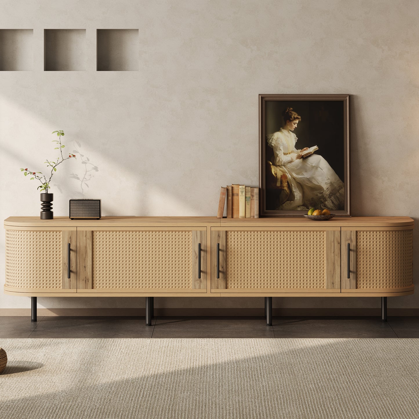 70inch Modern TV Stand with Rattan Doors for TVs up to 80", Media Console with Storage Space & Cable Holes, Entertainment Center for Living Room image 3