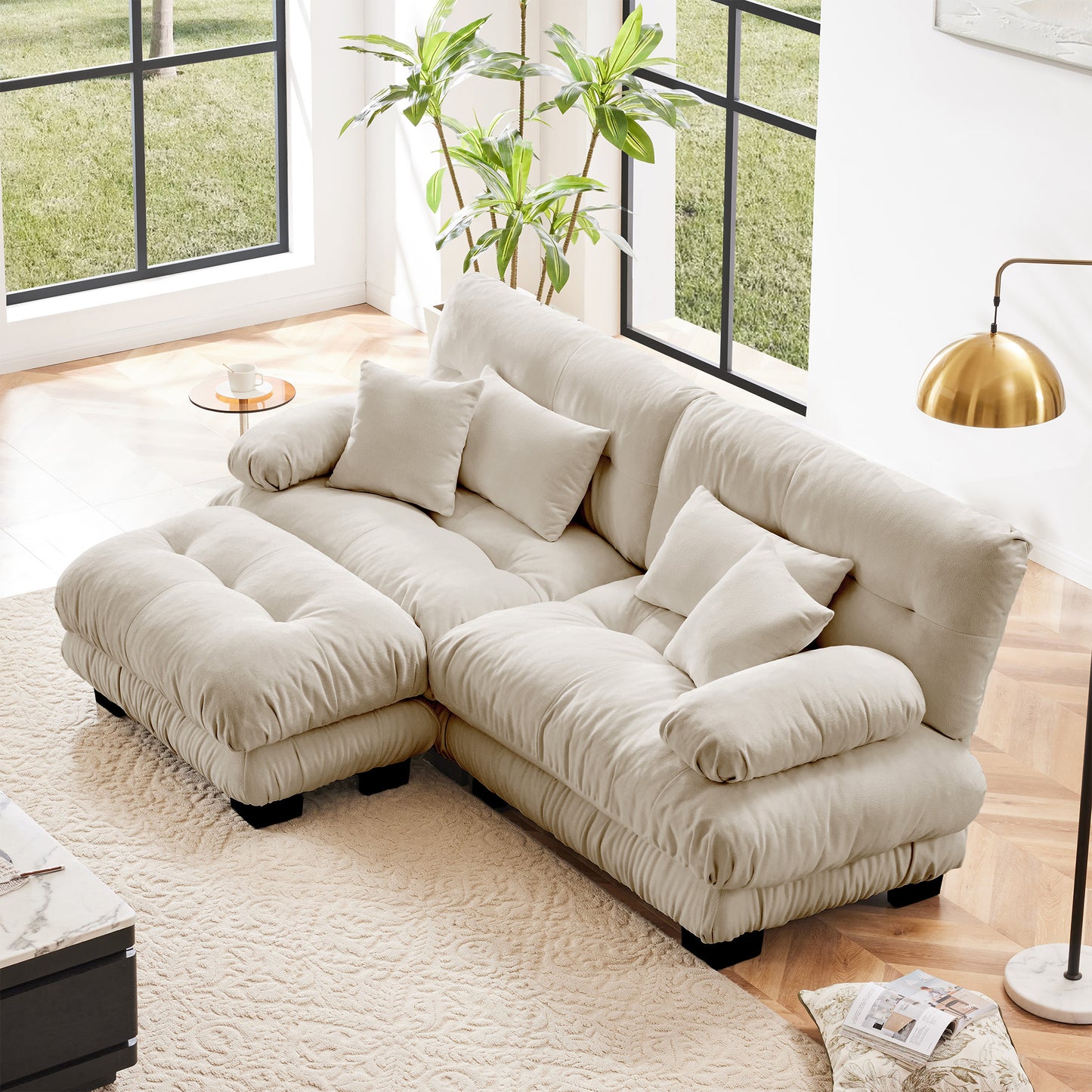 Cloud Couch Sectional Sofa for Living Room, Chenille 2 Seater Sofa with 2 Lumbar pillows and 2 throw pillows, Upholstered Wide Arm Sofa with Convertible Ottoman,Chenille Light coffee image 1