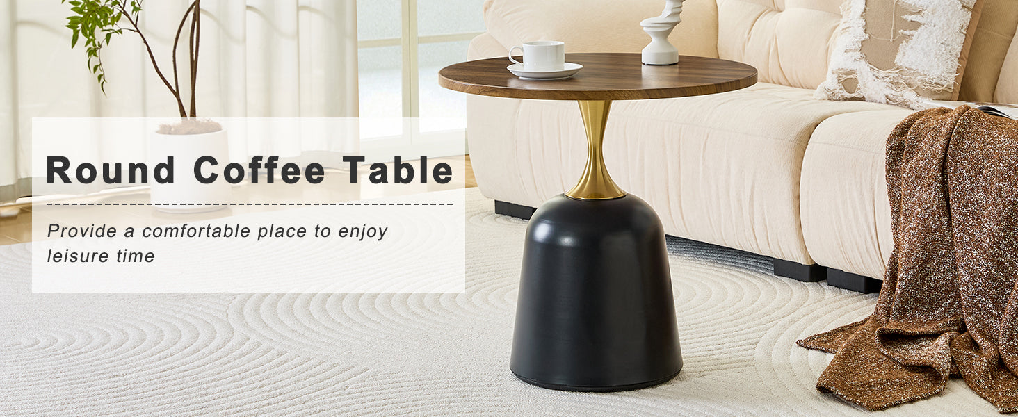 23.6 inch circular side table coffee table, metal base living room table, simple and modern walnut wood grain decoration, negotiation table, unique circular sofa headboard office desk. image 5