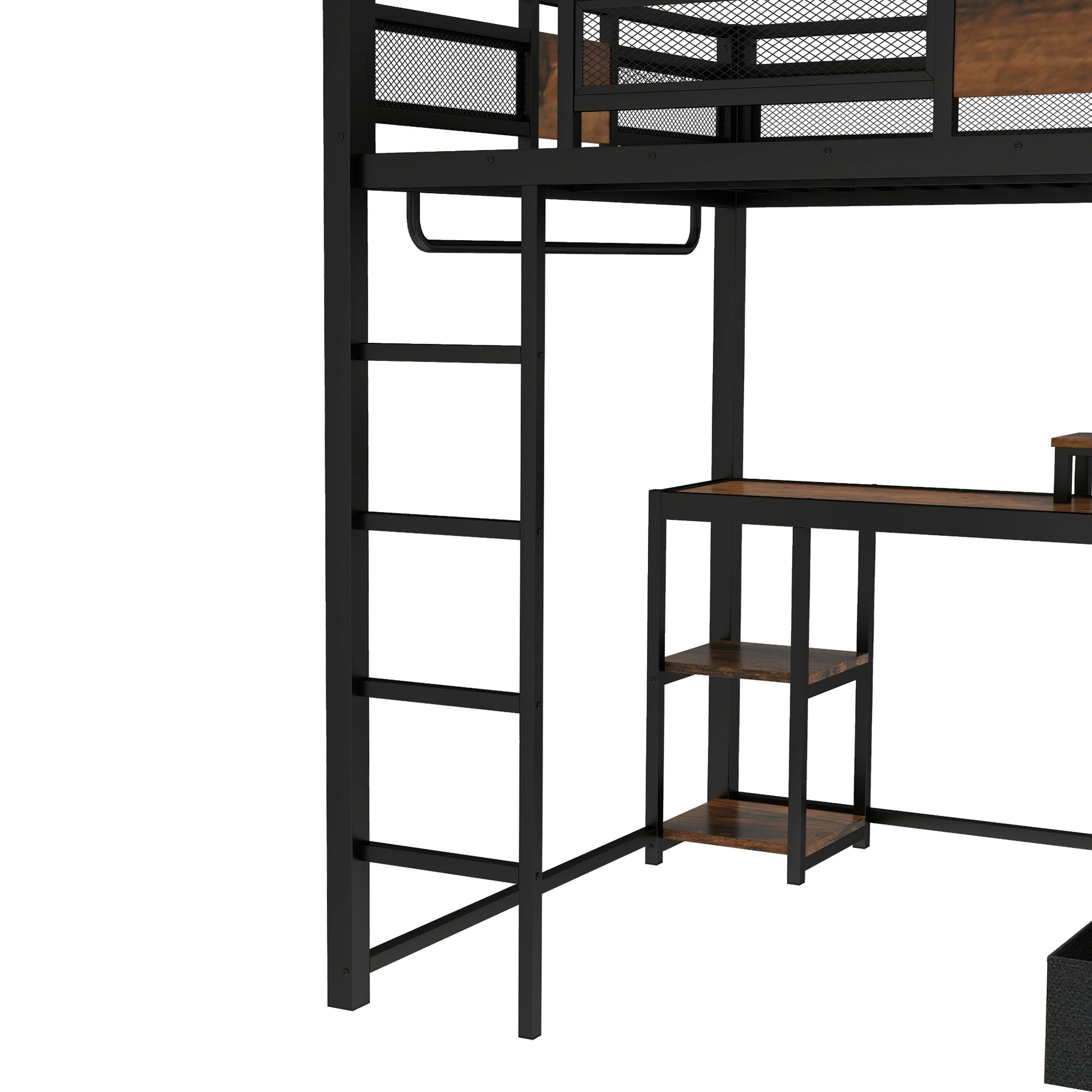 Queen Loft Bed with Desk and Storage Non-woven Fabric Drawers, Metal Loft Bed Frame with Ladders, Nosie-free and No Spring Box Needed, Black image 6