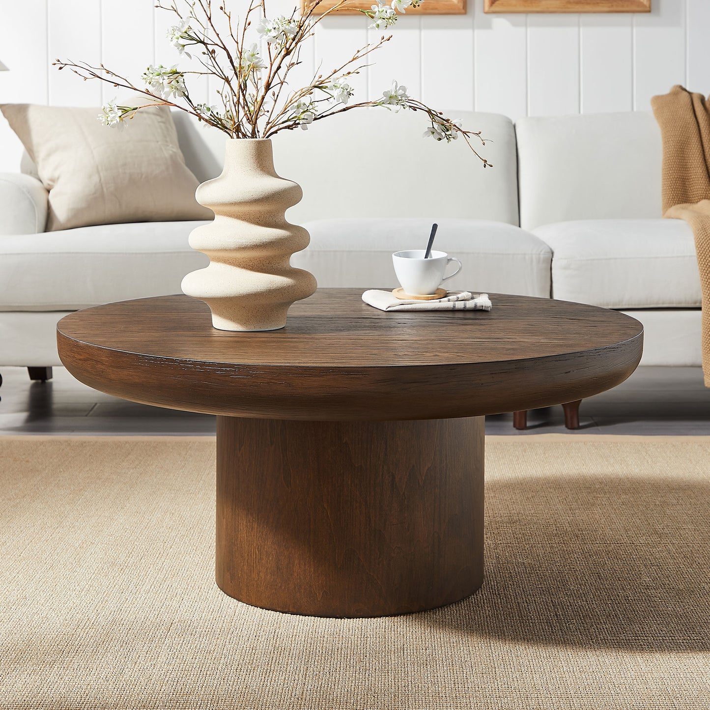 35.98inch Round Coffee Table with Cylindrical Leg,Wood Veneer Tabletop Table,Rounded Sofa Side Table for living Room Office,Brown image 1