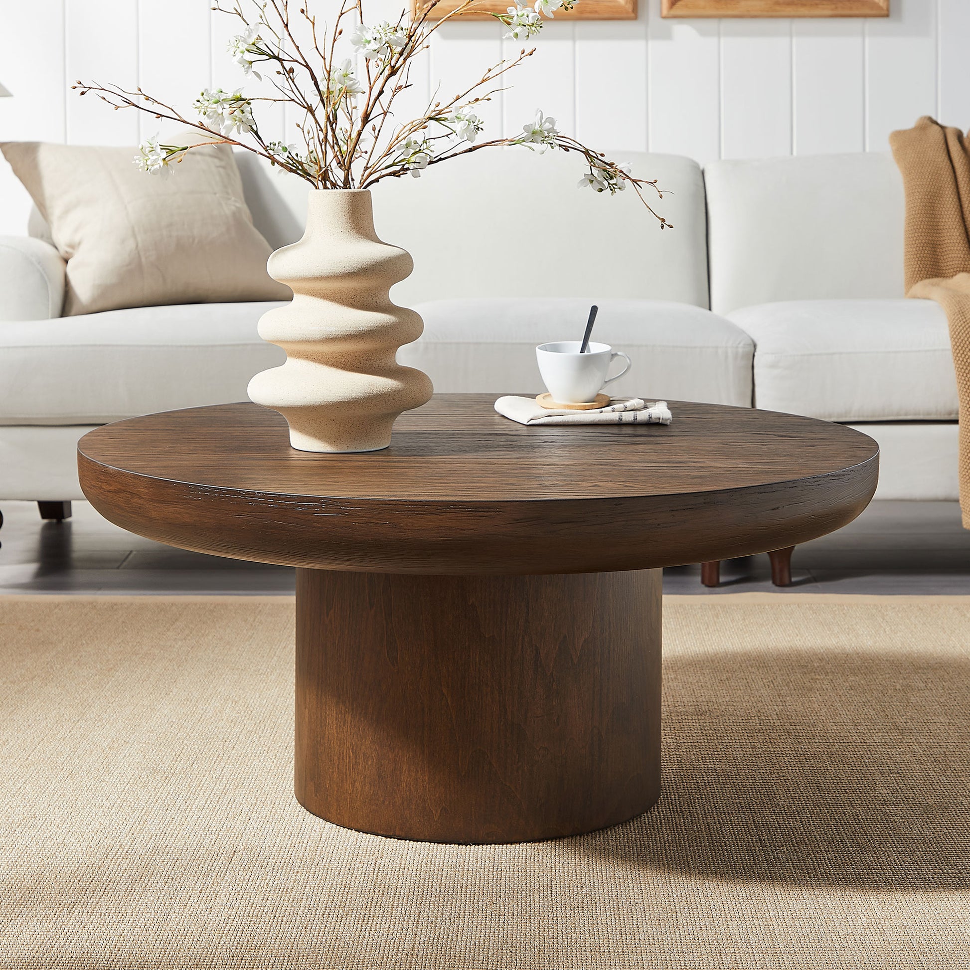 35.98inch Round Coffee Table with Cylindrical Leg,Wood Veneer Tabletop Table,Rounded Sofa Side Table for living Room Office,Brown image 1