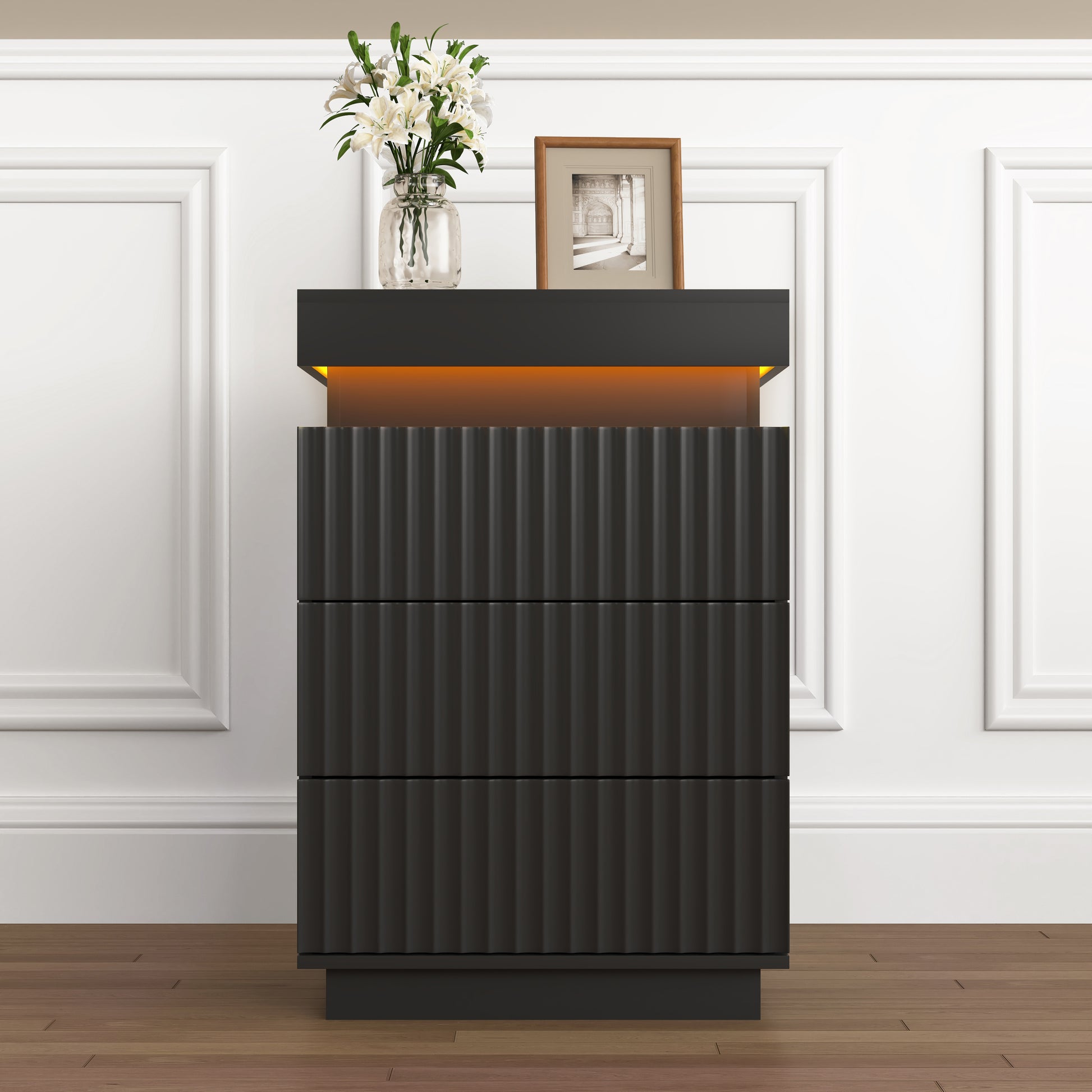 (Set of 2) Black Nightstand Set of 2 with Charging Station & LED Lights, Fluted Wave Panel Bedside Table with Sliding Top Hidden Storage, Night Stand for Bedroom Living Room image 10