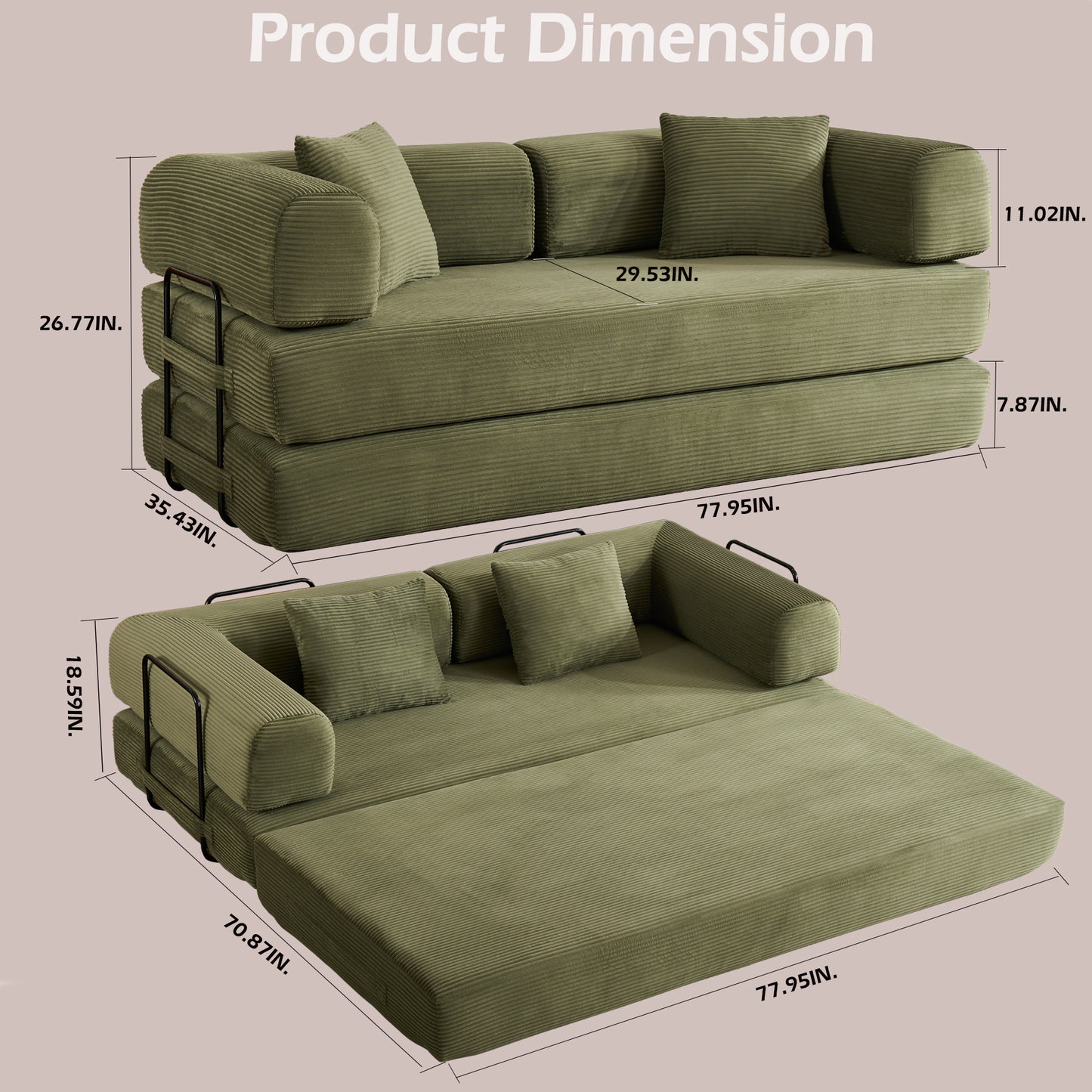 Convertible Sleeper Sofa Bed with Cylindrical Pillow, Corduroy Folding Mattress Couch with Fixed-Shape Frame, Floor Sofa Lounge Couch for Living Room Bedroom (Green) image 3
