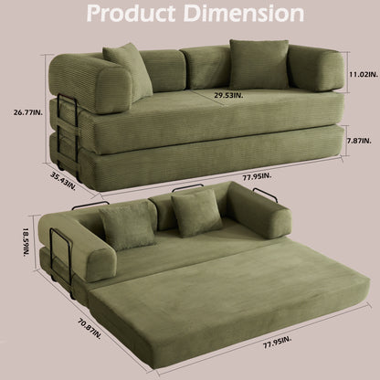 Convertible Sleeper Sofa Bed with Cylindrical Pillow, Corduroy Folding Mattress Couch with Fixed-Shape Frame, Floor Sofa Lounge Couch for Living Room Bedroom (Green) image 3