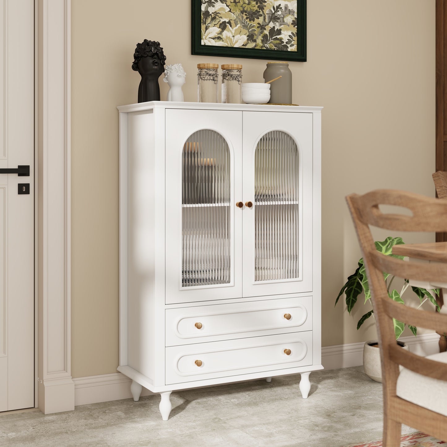 46.5'' Glass Display Cabinet with Ribbed Glass Doors,Wooden Curio Cabinet with 2 Drawers & Adjustable Shelf, Freestanding Buffet Cabinet Unit for Living Room Dining Room, White image 5