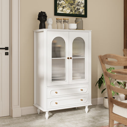 46.5'' Glass Display Cabinet with Ribbed Glass Doors,Wooden Curio Cabinet with 2 Drawers & Adjustable Shelf, Freestanding Buffet Cabinet Unit for Living Room Dining Room, White image 5