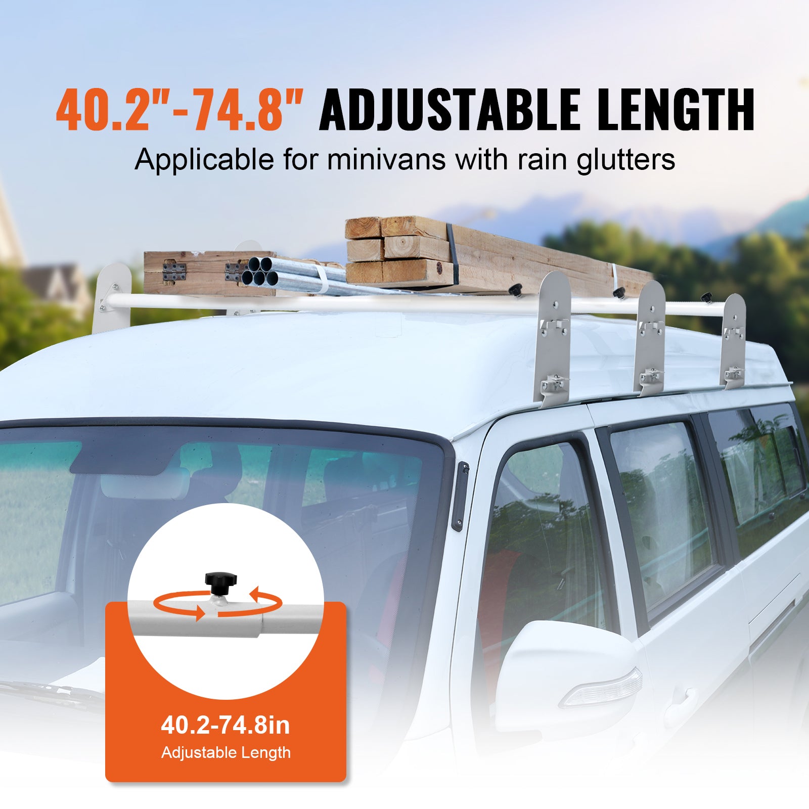 Van Roof Ladder Rack, 3 Bars Alloy Steel Roof Racks, 750 LBS Capacity Rain-Gutter Roof Rack, Adjustable Length 40.2" to 74.8", Van Ladder Rack Compatible with Chevrolet Express, GMC Savana, etc image 7