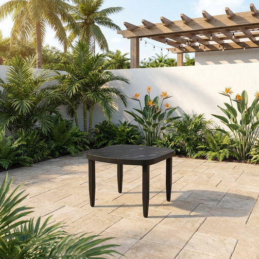 Modern Outdoor Elegance Arc 23.6''Side Table with Black Marble-Inspired Sintered Stone Top, Aluminum Frame,Ember Black Finish, Post Tapered Legs & Rounded Corners,Weatherproof & Rust-Free image 1