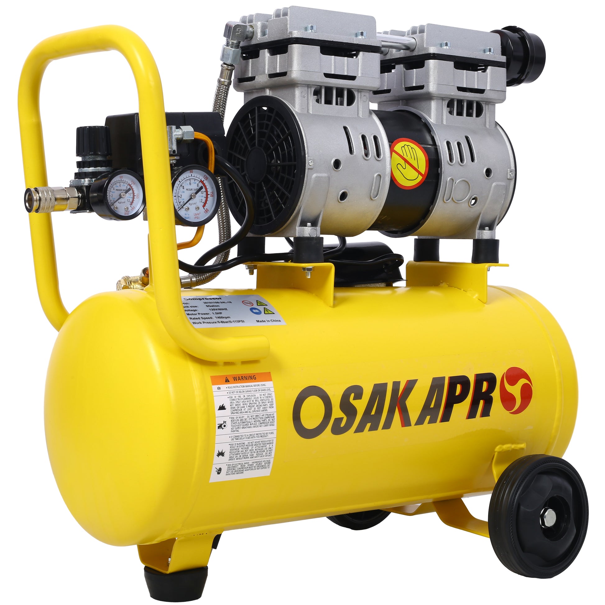 1.5HP Silent Oil-Free Air Compressor 8 Gallon, Oil-Free, Electric Shop Air Compressor Portable,Lightweight with Wheels, 70 dBA Noise Level, with Automatic Drain Valve,Yellow image 2