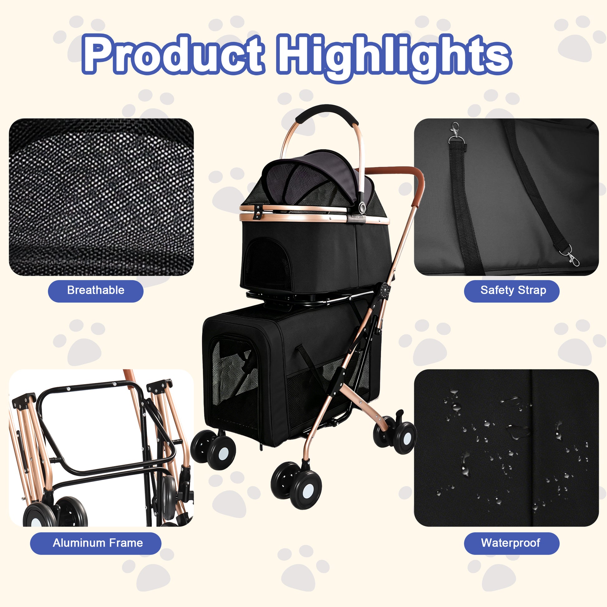 Double Pet Stroller for Dogs and Cats, Foldable Frame, 3-in-1 Convertible Carrier/Tote, Shockproof Wheels, Brake System, Fixed Safety Leashes for Small/Medium Pets in Multi-Pet Homes(Black) image 5