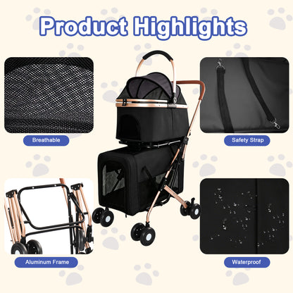 Double Pet Stroller for Dogs and Cats, Foldable Frame, 3-in-1 Convertible Carrier/Tote, Shockproof Wheels, Brake System, Fixed Safety Leashes for Small/Medium Pets in Multi-Pet Homes(Black) image 5