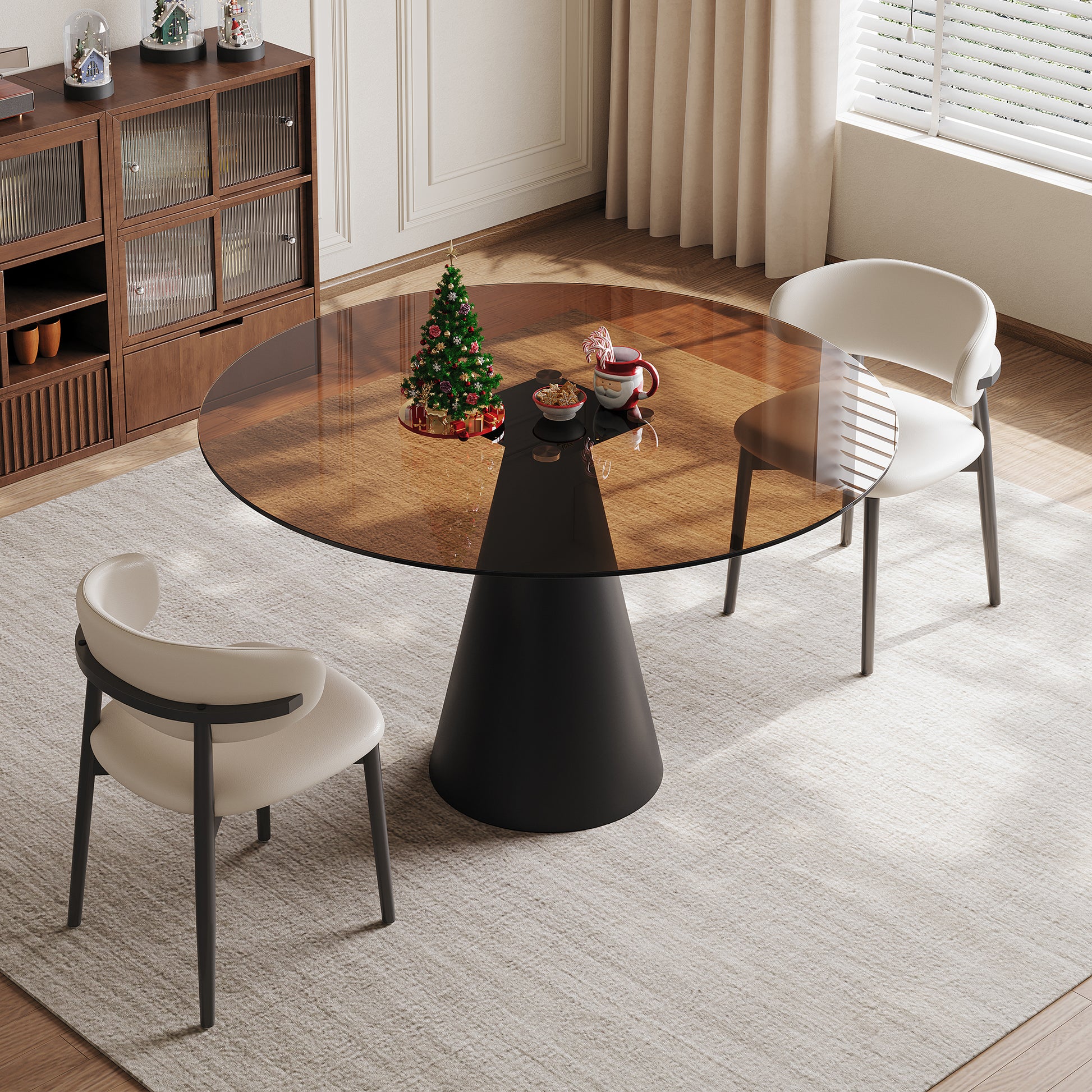 35-inch round glass dining table, with tempered glass tabletop and carbon steel legs. Suitable for 2-4 people. Dark brown small round dining table, suitable for restaurants and apartments. (2 chair) image 2