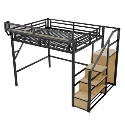 Queen Size Loft Bed with Stairs, Metal Queen Loft Bed with Storage Shelves, High Loft Bed with Wardrobe for Kids Teens Adults, Black(Old SKU W2580S00028) Patent Products image 7