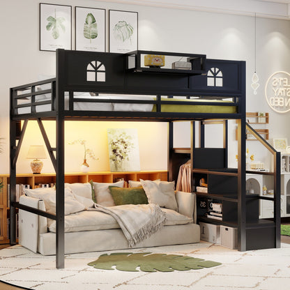 Full Size Loft Bed with Stairs, Metal Full Loft Bed with High and House Shaped Guardrails, High Loft Bed with Wardrobe for Kids Teens, black(Old SKUW2593S00055) image 2