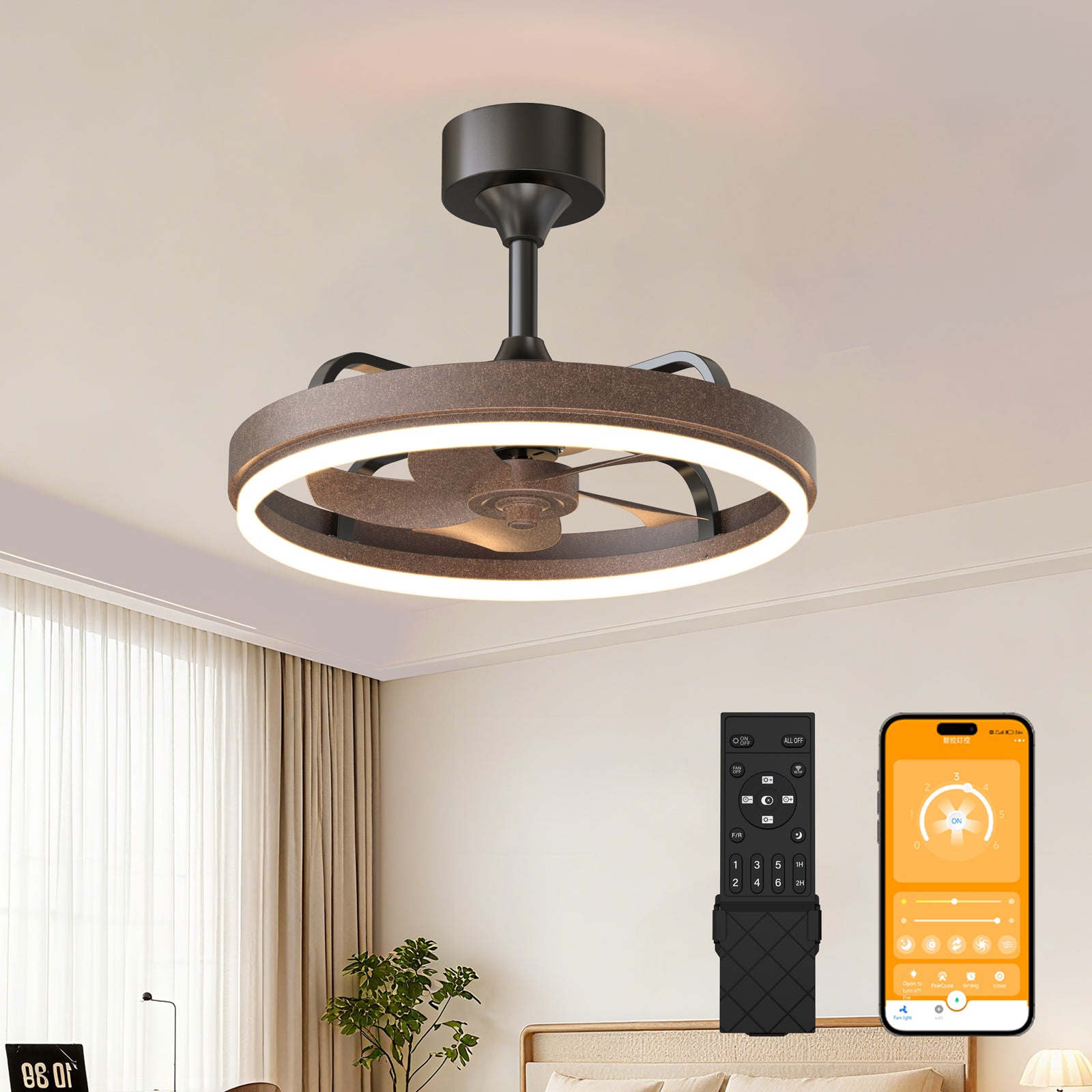 20.5" Rustic Brown Ceiling Fans with Lights Remote & APP Control, Downrod Mount Dimmable LED Fandelier, 6 Speeds Quiet DC Motor, Modern Ceiling Fan for Bedroom Living Room image 1