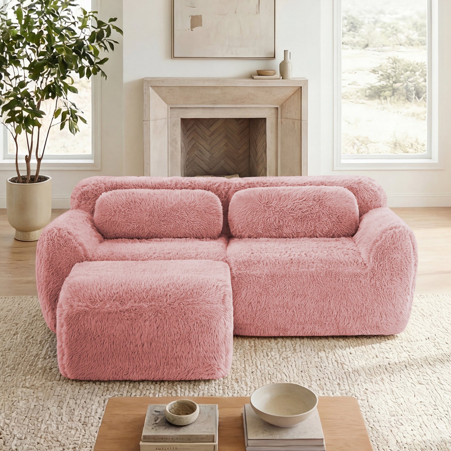 L-shaped Boneless Sofa,Soft Fluffy Plush Fabric,With Chaise 32D High Density Sponge,No Assembly Required,Ergonomic Design Bottom Anti-Slip Design,With Throw Pillows,Fits Bedrooms,Pink image 1