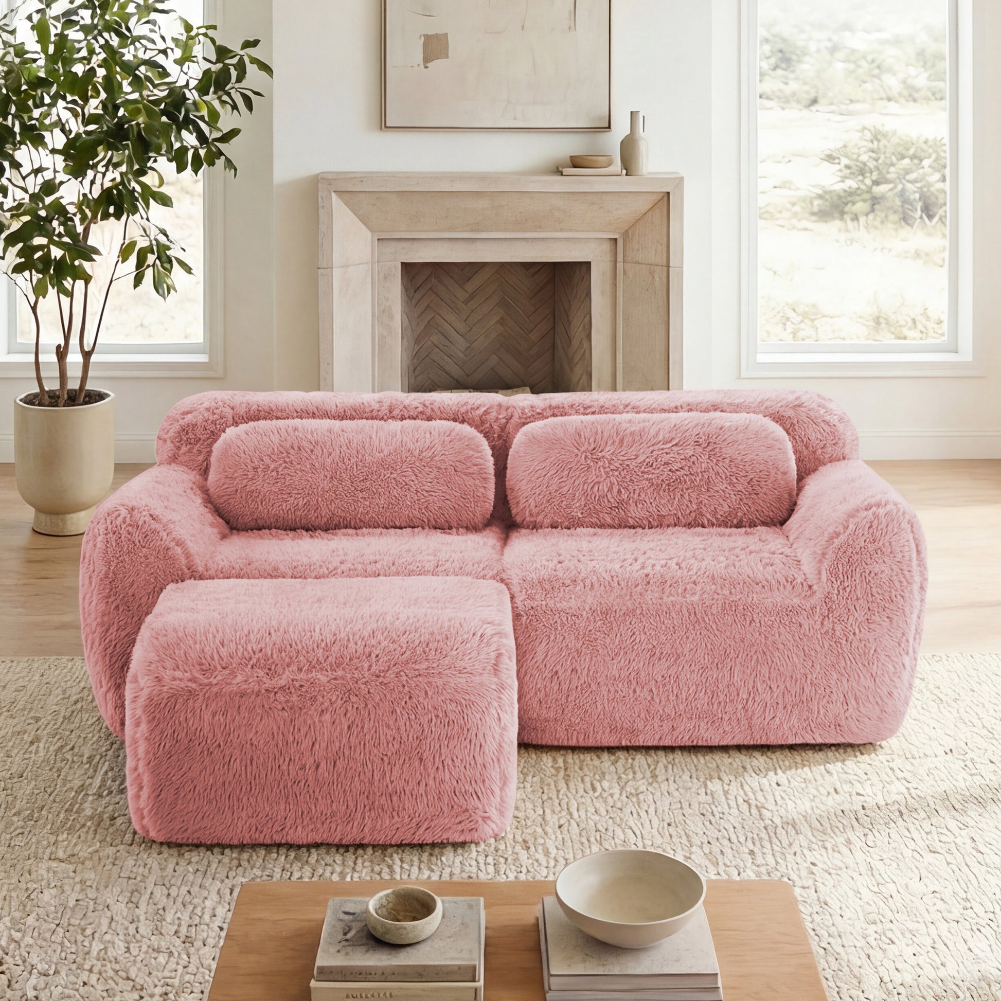 L-shaped Boneless Sofa,Soft Fluffy Plush Fabric,With Chaise 32D High Density Sponge,No Assembly Required,Ergonomic Design Bottom Anti-Slip Design,With Throw Pillows,Fits Bedrooms,Pink image 1