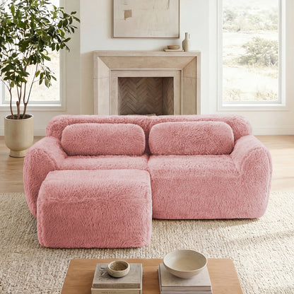 L-shaped Boneless Sofa,Soft Fluffy Plush Fabric,With Chaise 32D High Density Sponge,No Assembly Required,Ergonomic Design Bottom Anti-Slip Design,With Throw Pillows,Fits Bedrooms,Pink image 1
