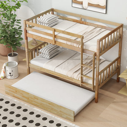 Twin Over Twin Rubber Wood Bunk Bed with Trundle, Convertible into 2 Twin Size Beds, Twin Size Bunk Bed with Ladder and Safety Guardrails,White Oak image 12
