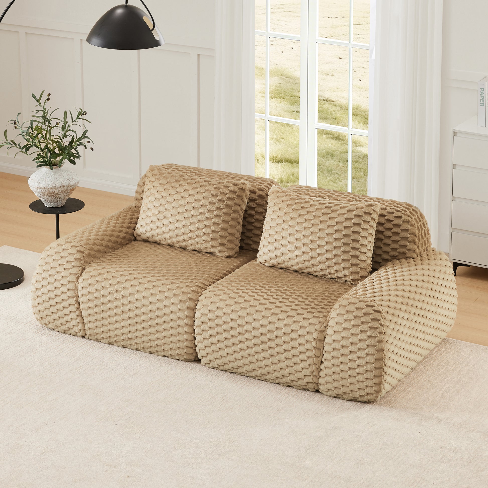 82" Modern Modular Sectional Sofa for Living Room,Flannelette Fabric,highly textured,Oversized 2-Seater Couch with Deep Seat,Buckle connection,Anti-slip Design,No Assembly,boneless sofa,Light Camel image 1