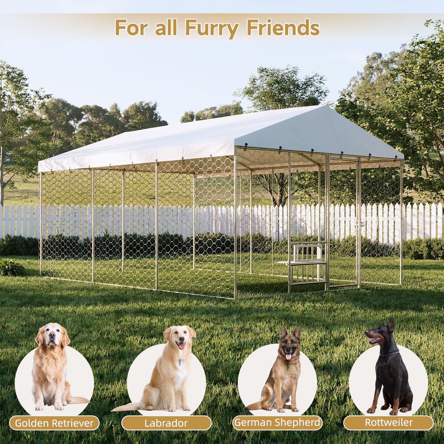 15x10 FT Large Outdoor Dog Kennel with Canopy, Heavy Duty Galvanized Steel Frame, Waterproof Cover, Built-in Elevated Feeding Bowls, Escape-Proof Lockable Pet Playpen for Large Dogs & Multiple Animal image 5
