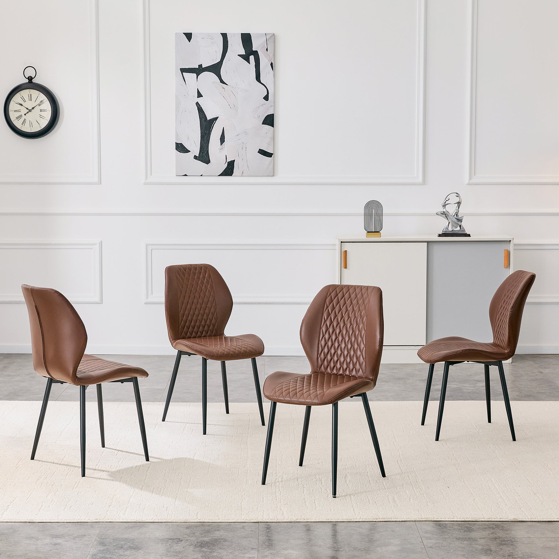Set of 4 modern light luxury brown diamond-quilted PU chairs with black metal legs. Suitable as upholstered dining chairs with backrests for dining rooms, adaptable to a wide range of scenarios. image 7