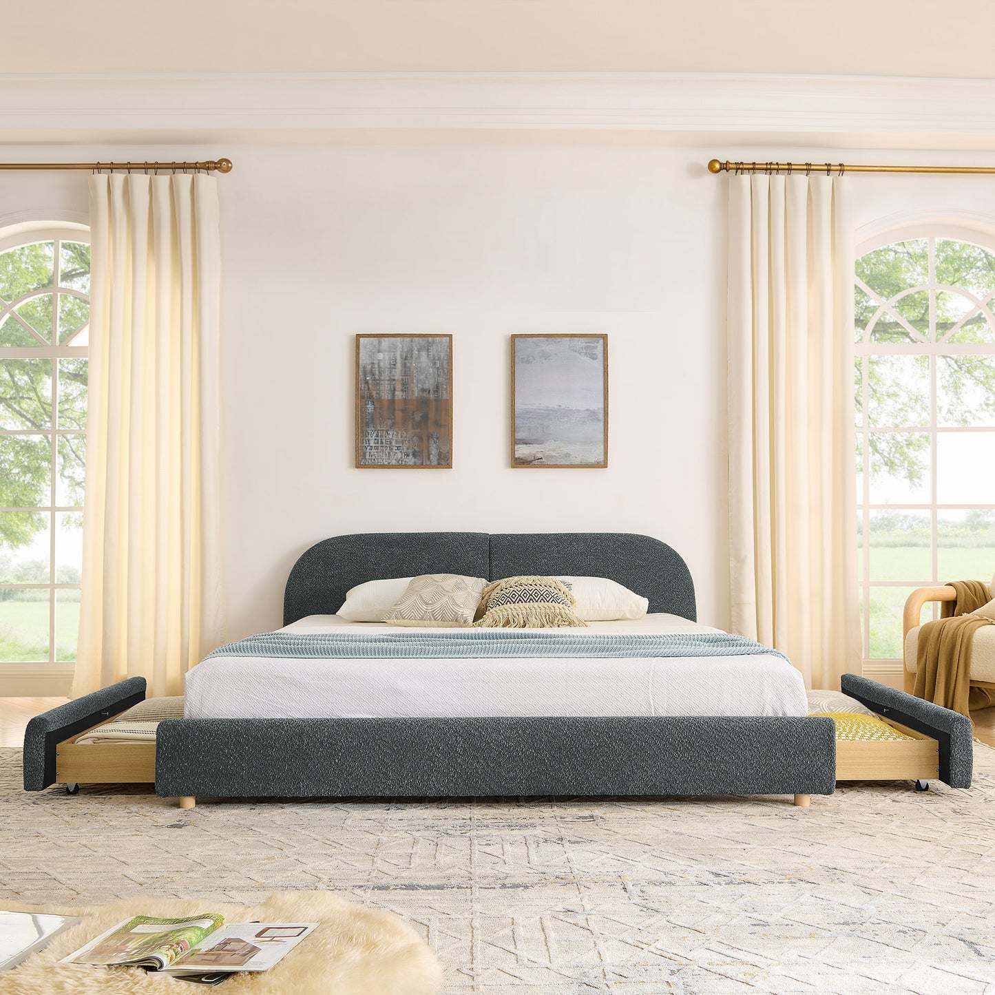 King Size Upholstered Bed Frame Modern Minimalist Style - Circle Yarn Fabric, Tall Curved Headboard, Sturdy Leg Support & Wheeled Drawer Storage, Mattress Not Included - Dark Gray image 4