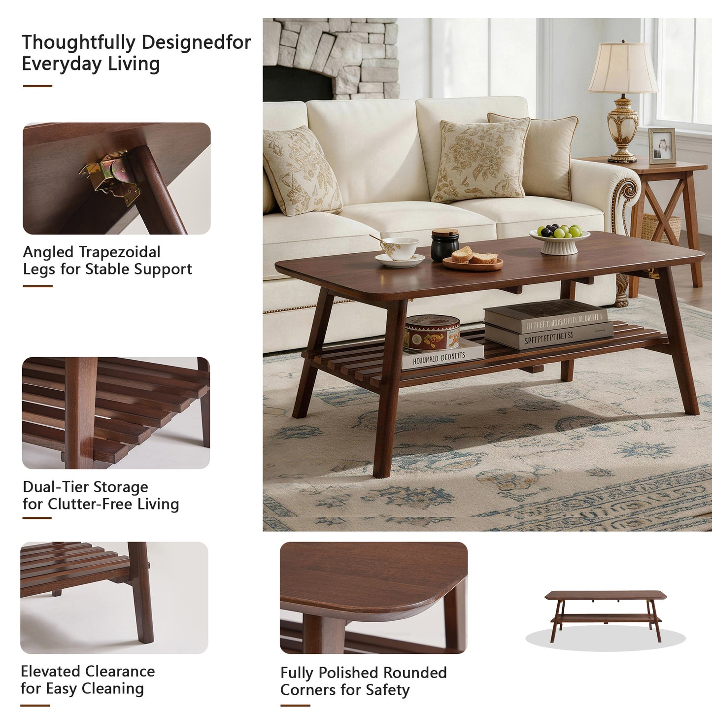 Wooden Coffee Table with Storage Shelf, Mid-Century Rectangular Center Table for Living Room,Walnut Brown image 6