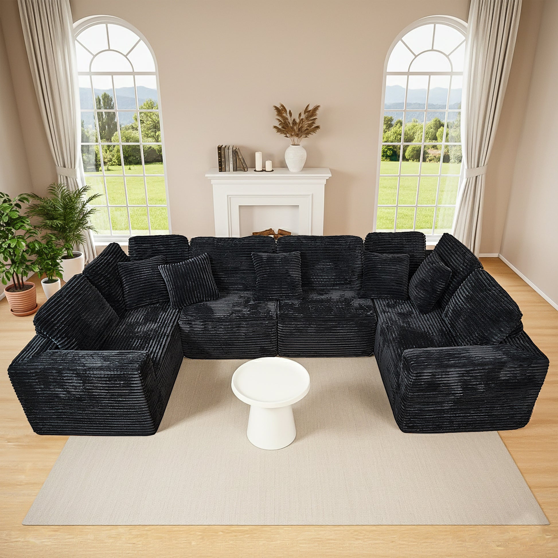 135.5-inch Modular U-Shaped Sectional Sofa, 6-Seater Chaise Lounge with Reversible Design, Striped Corduroy Fabric in Black–Customizable Living Room, Freely Configurable Layout.(Old Sku:W3276S00018) image 2