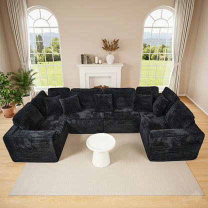 135.5-inch Modular U-Shaped Sectional Sofa, 6-Seater Chaise Lounge with Reversible Design, Striped Corduroy Fabric in Black–Customizable Living Room, Freely Configurable Layout.(Old Sku:W3276S00018) image 2