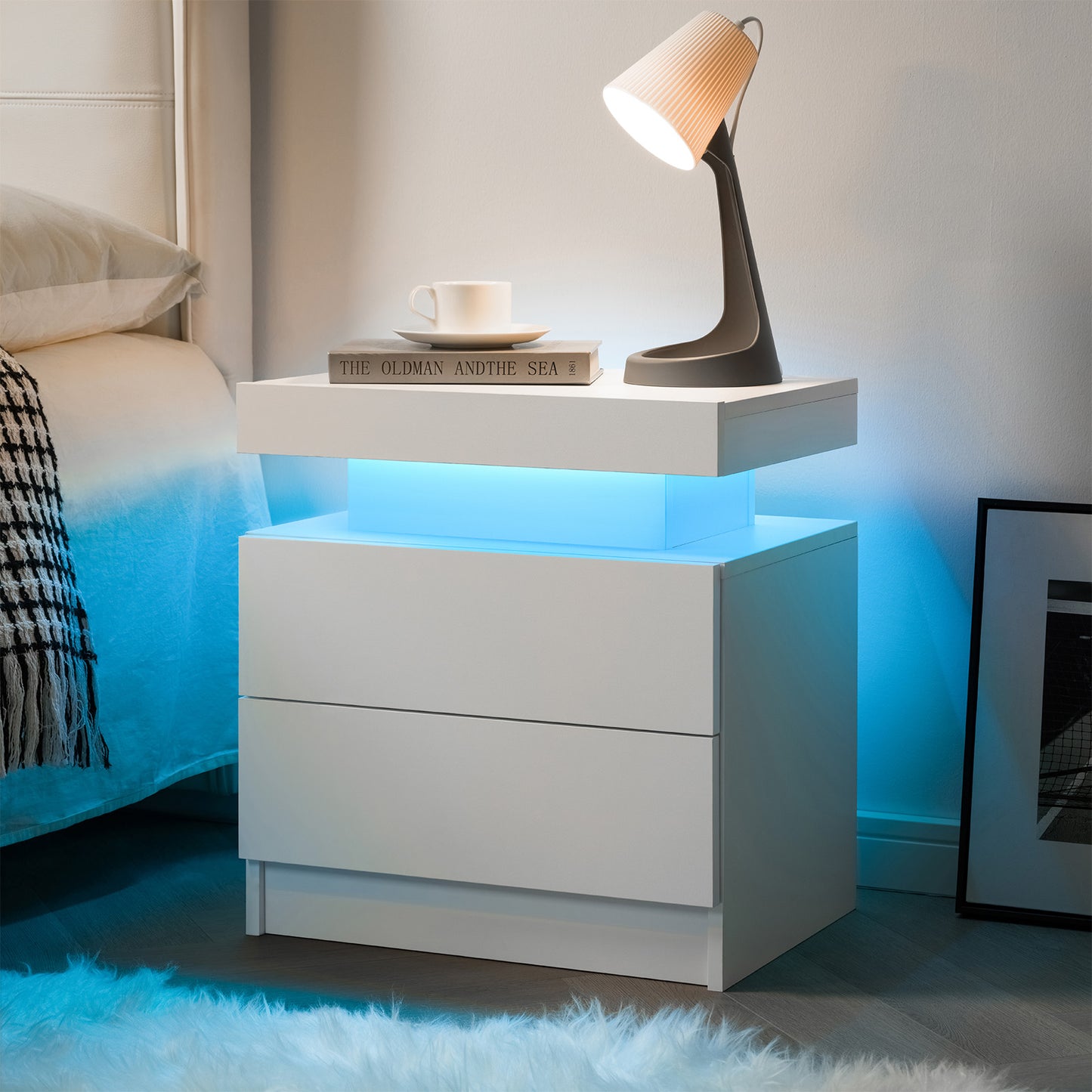Nightstand LED Bedside Table Cabinet Lights Modern End Side with 2 Drawers for Bedroom (White) image 3