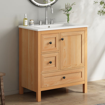 [Video] 30" Wood Grain Bathroom Vanity with Ceramic Sink, Solid Wood Legs, Adjustable Shelf & Full Soft-Close Drawers & Door, Storage Rack, Open Back Design image 4