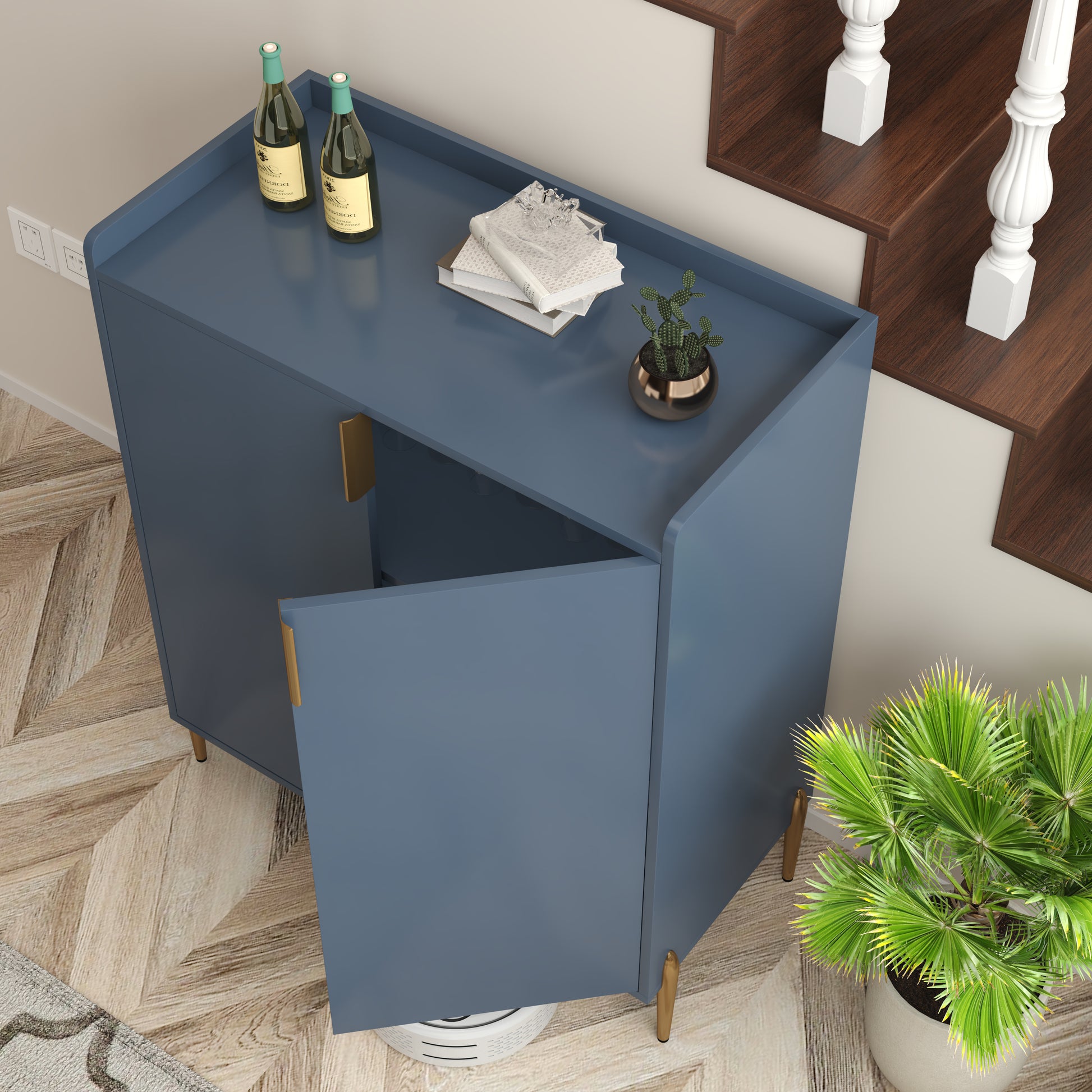 2 doors home wine bar cabinet with wine rack & adjustable storage shelf, modern sideboard with soft-closing hinge, dinning room buffet cabinet, Liquor Cabinet kitchen, living room coffee cart Blue image 7