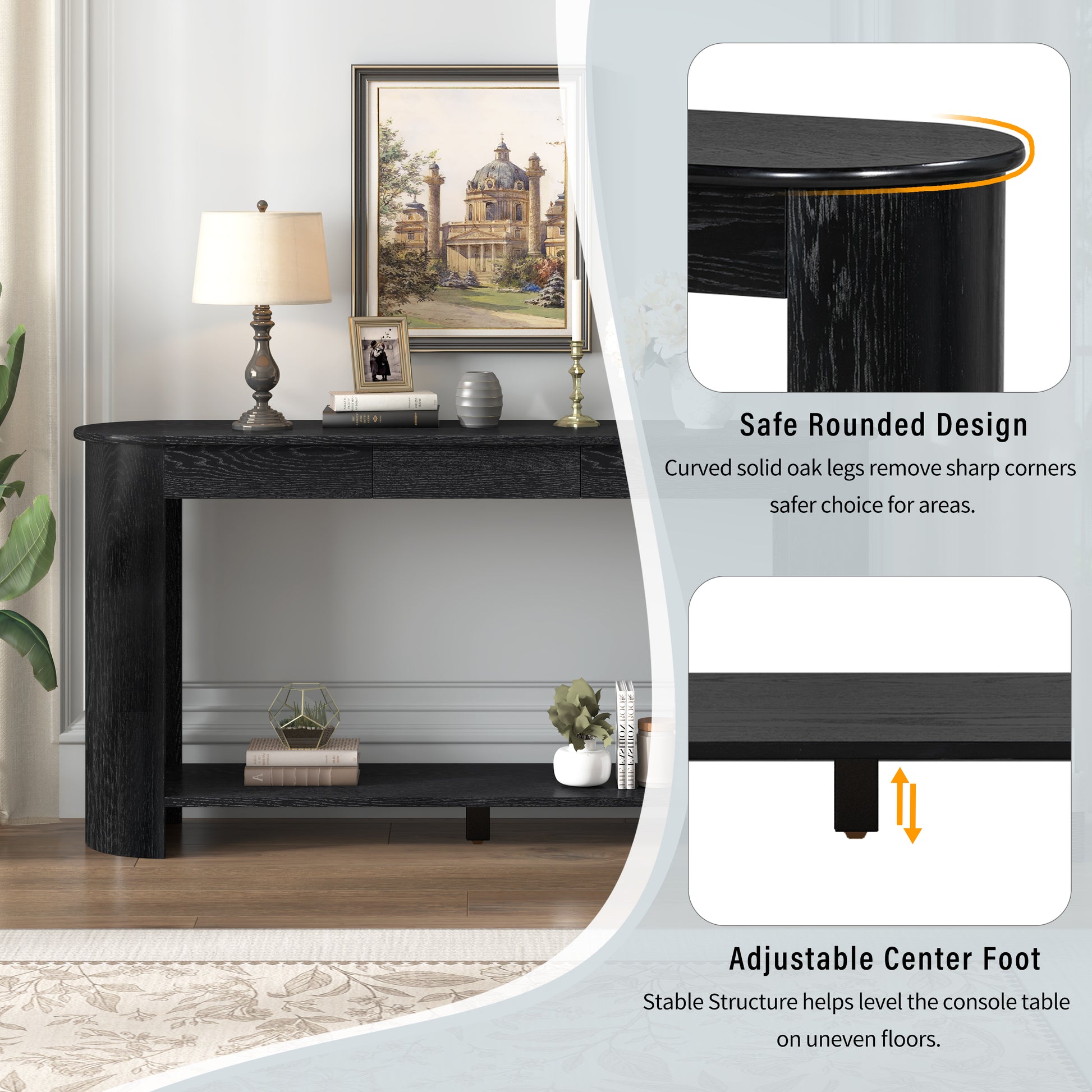 U_Style 59.8'' Modern Oak Veneer Console Table with 3 Drawers,Farmhouse Entryway Table with Shelf,Wood Sofa Table with Semi-Circular Design, Suitable for Living Room,Hallway,Entryway, Foyer, Corridor image 6