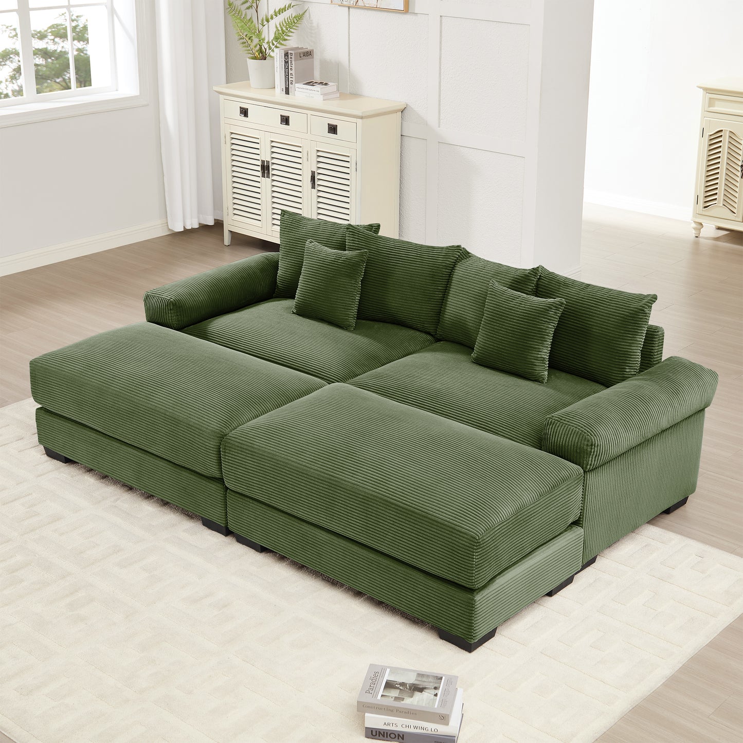 92" Oversized Cloud Modular Sectional Couch, Soft Corduroy Fabric With Chaise 6 Throw Pillows, Deep Seat Wide Armrests, Ergonomic Design Easy Assembly, Soft Corduroy,For Living Rooms Lounges, Green image 1